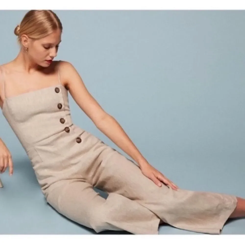 Reformation Tortuga Linen Jumpsuit Wide Leg Crop Tan